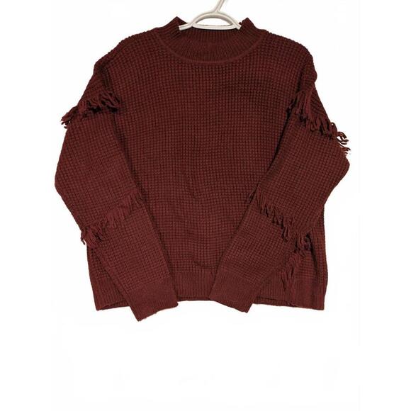 Michael Kors Women's Large Cozy Fringed Waffle Knit Sweater - Burgundy - Picture 1 of 11